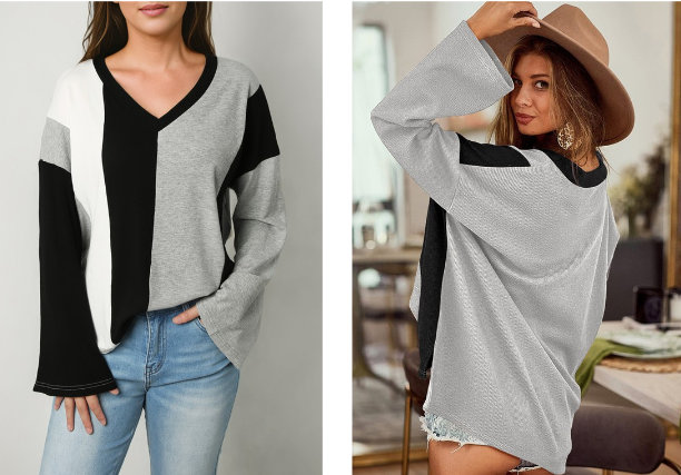 Black Colorblock Long Sleeve V Neck Top