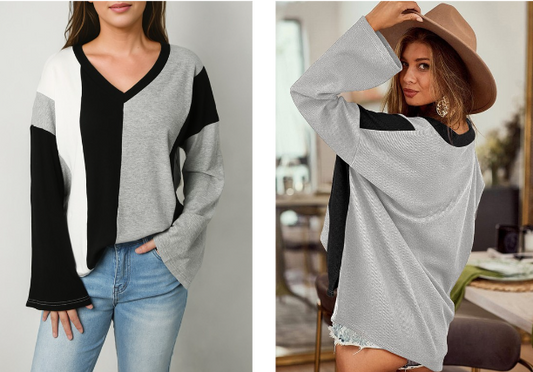 Black Colorblock Long Sleeve V Neck Top